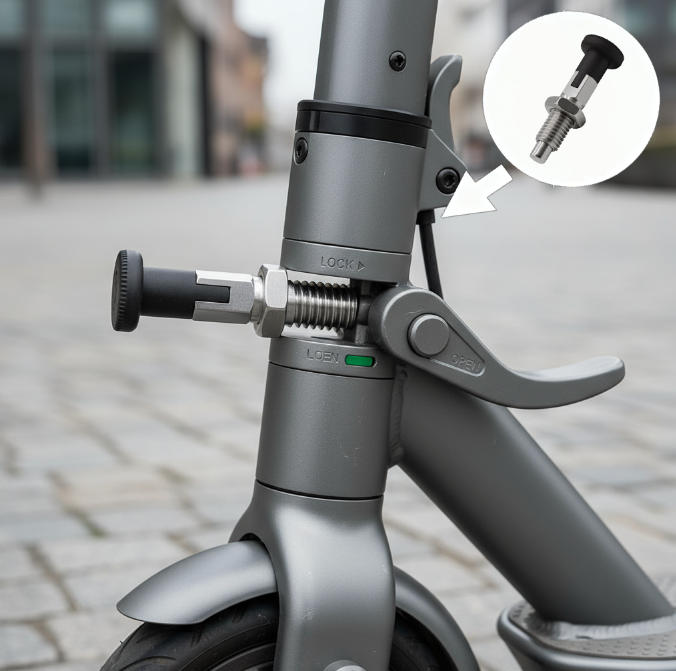 Explore spring-loaded positioning plunger technology for securing modern e-scooter frames. This system employs a precision ball bearing positioning mechanism to ensure reliable locking at key folding points, preventing accidental detachment on rough terra